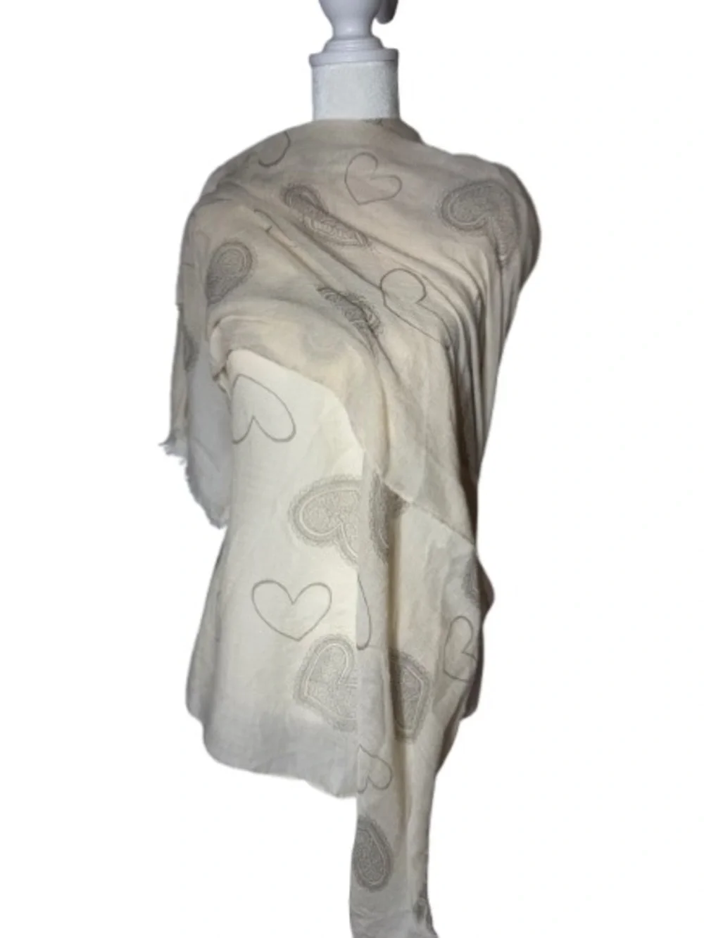 Cream & Gray Heart Pattern Lightweight Sheer Shawl. Scarf, Poncho, Cardigan Wrap